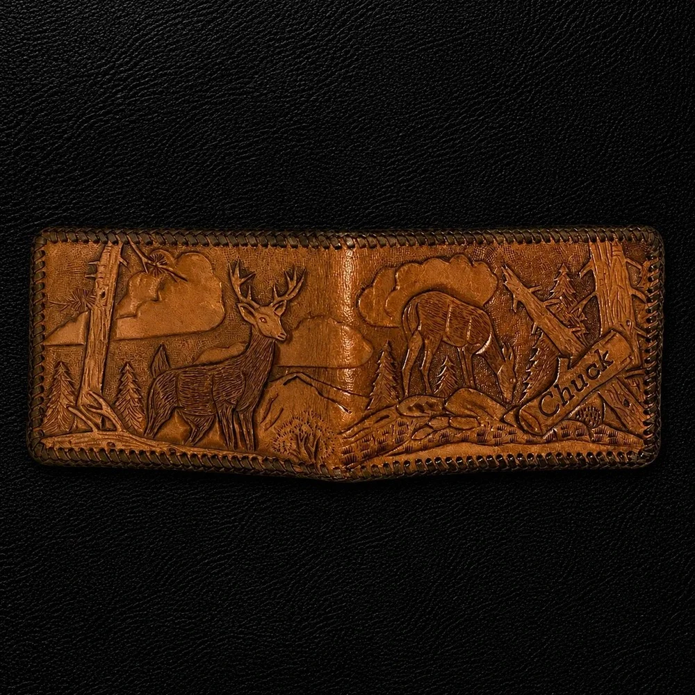 Vintage Handmade Tooled Leather Bifold Wallet Chuck Western Deer Buck Forest